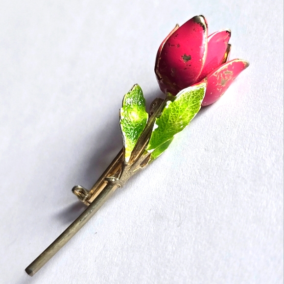Vintage Jewelry - Vintage flower brooch pink green gold tone floral rose tulip pin